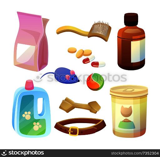 Special dry food and products to take care of pets set. Toys for cats and dogs. Brush and shampoo for animals. Pet shop products vector illustrations. Special Dry Food and Products for Pets Care Set