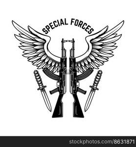 Special forces. Crossed assault rifles ak-47 with winged soldier skull ...