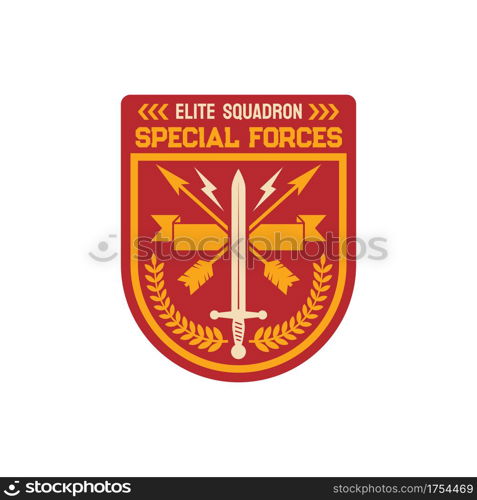 Special forces elite squadron chevron, infantry troops military squad with crossed arrows, heraldry ribbon banner, olive branches. Vector military trooper badge or patch on uniform, squad emblem. Elite squadron special forces division chevron