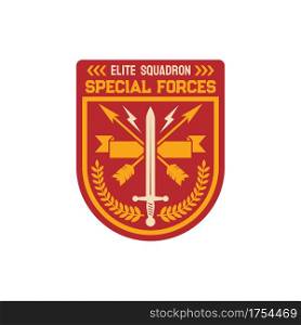 Special forces elite squadron chevron, infantry troops military squad with crossed arrows, heraldry ribbon banner, olive branches. Vector military trooper badge or patch on uniform, squad emblem. Elite squadron special forces division chevron
