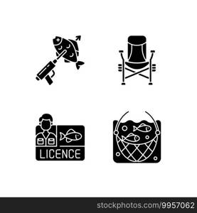 Special gear for fishing black glyph icons set on white space. Spinning with reel, sperfishing, fishing licence, chair. Fishing chair. Silhouette symbols. Vector isolated illustration. Special gear for fishing black glyph icons set on white space