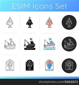 Special gear for fishing icons set. Spinning with reel, sperfishing, fishing licence, chair. Hobby, leisure activities. Fishing chair. Linear, black and RGB color styles. Isolated vector illustrations. Special gear for fishing icons set