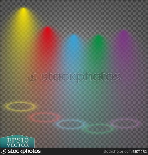 Special light effects. Realistic vector bright projectors for scene lighting isolated on plaid backdrop. Colorful stage lights background. Background show carnival.Vector. Special light effects. Realistic vector bright projectors for scene lighting isolated on plaid backdrop. Colorful stage lights background. Background show carnival.Vector eps10.