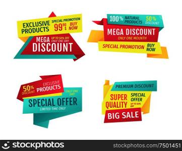 Special offer banners set, vector advertising. Discounts and promotions just month, premium quality, exclusive products only one day. Buy now touting title for super sale in limited time poster. Special offer banners set, vector design icons