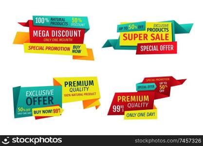 Special offer banners set, vector advertising. Discounts and promotions just month, super sales, premium quality, exclusive products only one day. Special offer banners set, vector design icons
