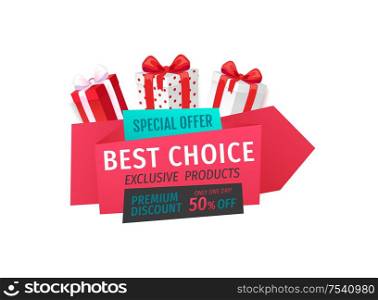 Special offer, best choice 50 percent off reduced price vector. Box with bow, gift exclusive product, only one day sale of shops. Premium presents. Special Offer, Best Choice 50 Percent Off Reduced