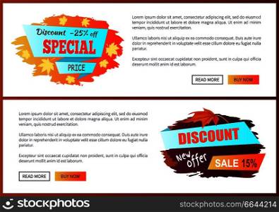 Special offer best price discounts autumn big sale 2017 fall collection web banners with buttons read more and buy now vector set of posters on purple. Special Best Offer Discounts Autumn Big Sale 2017