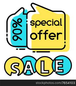 Special offer discount reduction off price, promotional banner in line style. Clearance of shop proposing clients goods on low cost. Business offer at market. Shopping with economy vector in flat. Special Offer 90 Percent Discount Sale on Goods