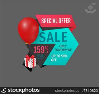 Special offer, exclusive product price reduction isolated banner. Inflatable balloon and present from shop, sellout and clearance, store promotion. Special Offer, Exclusive Product Price Reduction