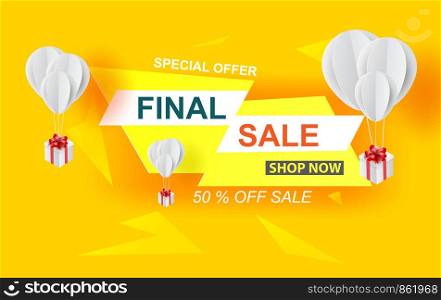 Special offer final sale banner with balloons gift box on pastel yellow color background, up to 50% off.Creative design minimal paper art and craft.Space for holiday your text. Vector illustration.