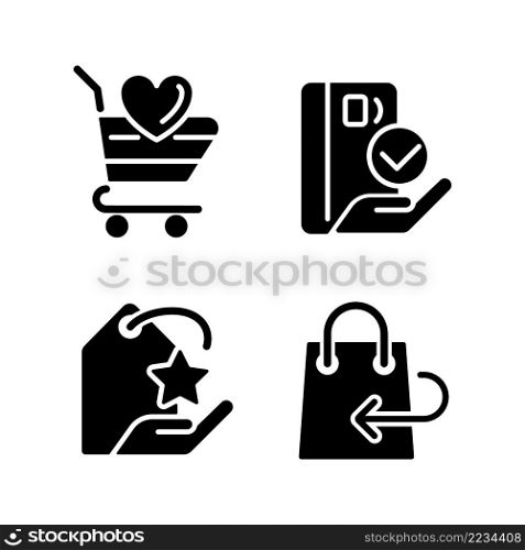 Special offer for customers black glyph icons set on white space. Return and refund policy. Pay with credit card. Silhouette symbols. Solid pictogram pack. Vector isolated illustration. Special offer for customers black glyph icons set on white space