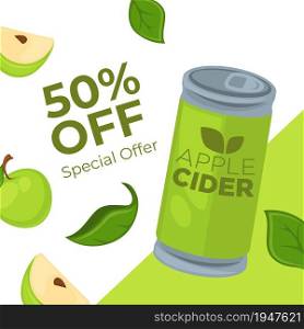 Special offer from shop or store, selling apple cider with reduction. 50 Percent off on can of alcoholic beverage in can. Promotional banner or poster, cafe or restaurant discounts. Vector in flat. Apple cider special offer 50 percent off poster