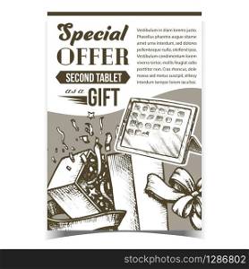 Special Offer Gift Box Advertise Poster Vector. Gift Box Opened With Confetti Decorated Ribbon Bow And Electronic Device Tablet. Fashion Container Template In Vintage Style Monochrome Illustration. Special Offer Gift Box Advertise Poster Vector