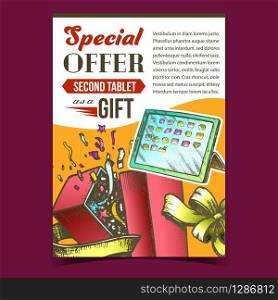 Special Offer Gift Box Advertise Poster Vector. Gift Box Opened With Confetti Decorated Ribbon Bow And Electronic Device Tablet. Fashion Container Template Designed In Vintage Style Color Illustration. Special Offer Gift Box Advertise Poster Vector