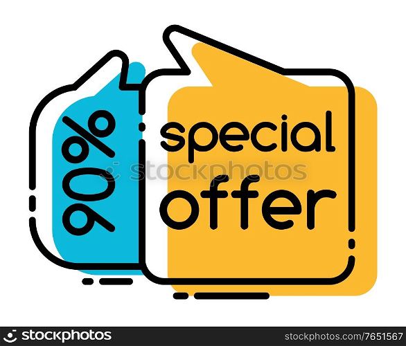 Special offer in shops, discounts up to 90 percent off price. Black friday sale promotion. Yellow and blue advertising tags. Simple outline labels with caption. Vector illustration in minimalism. Special Offer and Price on Sale, Promotion Tags