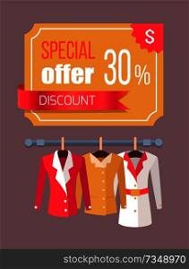 Special offer label discount tag 30 with jackets on hangers, vector illustration of emblem advertisement sticker and modern apparel fashion coats. Special Offer Label Discount Tag 30 with Jackets
