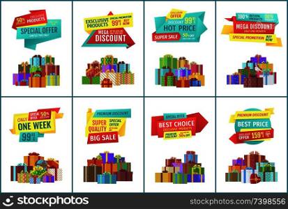 Special offer mega discount set with presents gifts in box decorated with ribbons and bows. Quality products super sales limited week only vector. Special Offer Mega Discount Vector Illustration