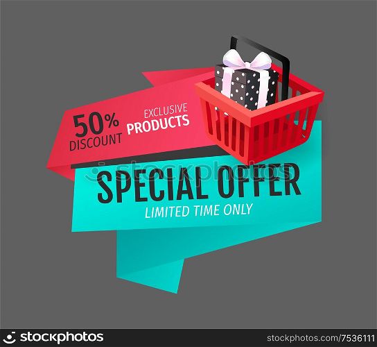 Special offer of shop, natural product guarantee isolated banner vector. Shopping basket with gift, present with bow. Premium goods price reduction. Special Offer of Shop, Natural Product Guarantee