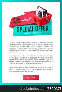 Special offer of shop, natural product guarantee web page template vector. Shopping basket with gift, present with bow. Premium goods price reduction. Special Offer of Shop, Natural Product Guarantee