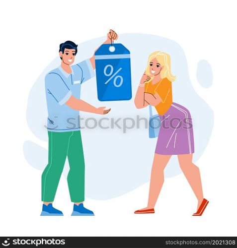 Special Offer Offering Salesman For Client Vector. Man Manager Proposing Special Offer For Fashion Clothes For Woman Customer. Characters Seasonal Discount Flat Cartoon Illustration. Special Offer Offering Salesman For Client Vector