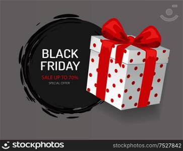 Special offer on Black Friday, web page template with push buttons. Wrapped gift box with price tag, November total night sale advertisement vector. Special Offer on Black Friday, Web Page Template