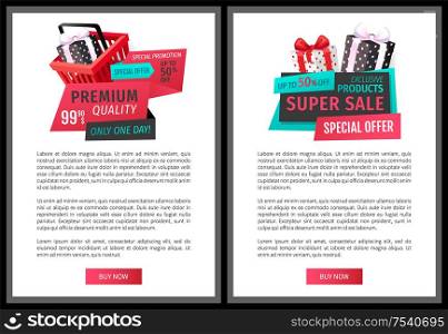 Special offer on exclusive products vector price tags on online promo vouchers. Vector leaflets with gift boxes and shopping cart, get presents for purchases. Special Offer Exclusive Products Vector Price Tags