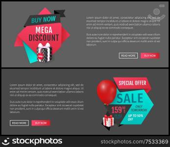 Special offer only tomorrow, buy now mega sale web page vector. Premium present, natural products, good deal of shop and customer. Clearance proposal. Special Offer Only Tomorrow, Buy Now Mega Sale