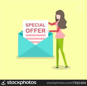 Special offer paper in envelope and woman isolated. Vector cartoon girl send message with promo proposal, mail and brunette female, shopping concept. Special Offer Paper in Envelope and Woman Isolated