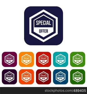 Special offer pentagon icons set vector illustration in flat style in colors red, blue, green, and other. Special offer pentagon icons set