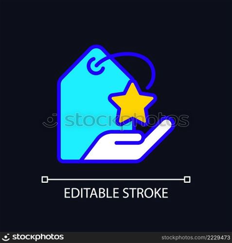 Special offer pixel perfect RGB color icon for dark theme. Online shopping. Marketing strategy. Product promotion. Simple filled line drawing on night mode background. Editable stroke. Arial font used. Special offer pixel perfect RGB color icon for dark theme