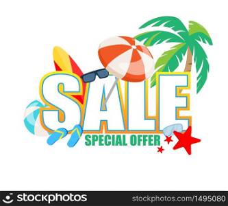 Special Offer Sale Banner, Traveling Attributes as Sunglasses, Umbrella, Surfing Board, Flip Flops, Beach Ball, Palm, Starfish on White Background, Summer Vacation Off Cartoon Flat Vector Illustration. Special Offer Sale Banner, Summer Vacation Off