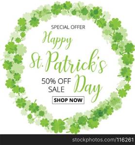 special offer sale text badge with green clover leaves background, St. Patrick's Day concept