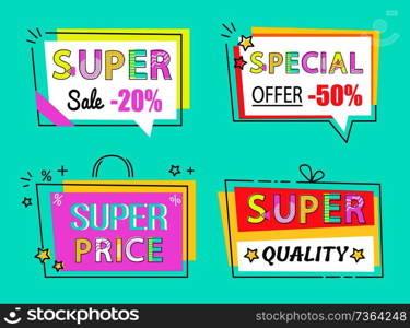 Special offer super sale set of high quality labels vector illustrations collection isolated on blue. Tags in linear style, promotion of discount emblems. Special Offer Super Sale Set High Quality Labels