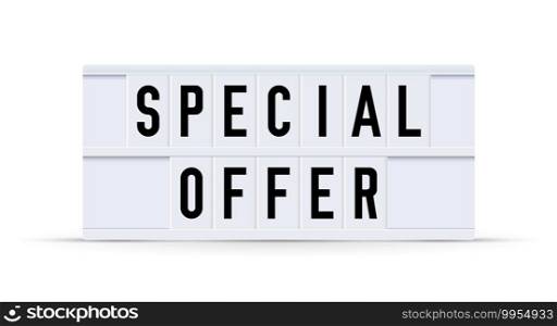 SPECIAL OFFER. Text displayed on a vintage letter board light box. Vector illustration.. SPECIAL OFFER text in a vintage light box. Vector illustration