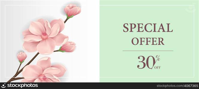 Special offer thirty percent off banner design with pink blooming twig in light green background. Typed text in frame can be used for flyers, signs, posters.