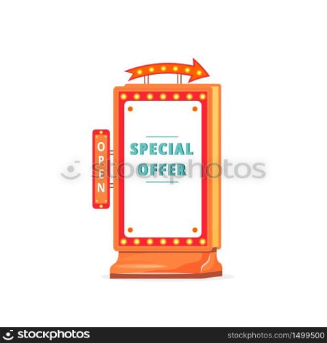 Special offer vector advert board sign illustration. Shopping sale. Commercial billboard mockup design with copy space. Stand with lighbulbs isolated object on white background. Announcement banner. Special offer vector advert board sign illustration