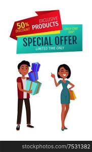 Special offer vector banner with people shopping. Discount for exclusive products badge, smiling young couple with purchase advertising cartoon style. Special offer vector banner with people shopping