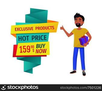 Special offer vector banner with person shopping. Exclusive products, hot price badge, smiling young man with box in hand advertising in cartoon style. Special offer vector banner with person shopping