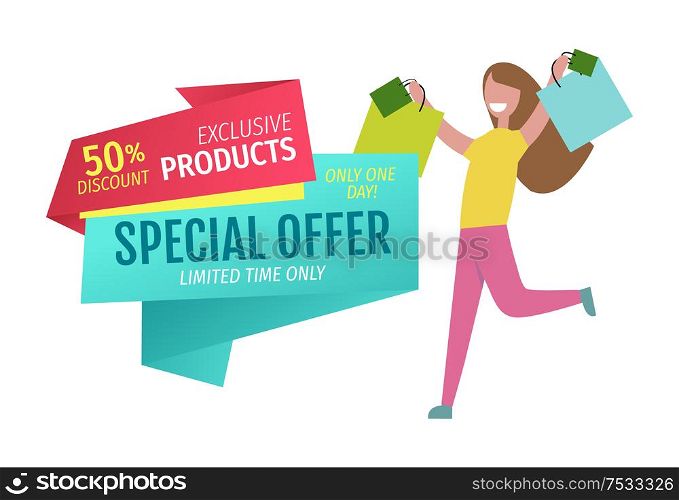 Special offer vector banner with person shopping. Exclusive products, only one day promotion, limited time, discount and happy lady with packages. Special offer vector banner with person shopping