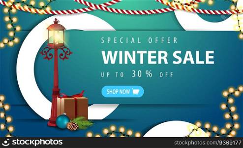 Special offer, winter sale, up to 30 off, blue discount banner with button, decorative white rings, garlands and vintage pole lantern