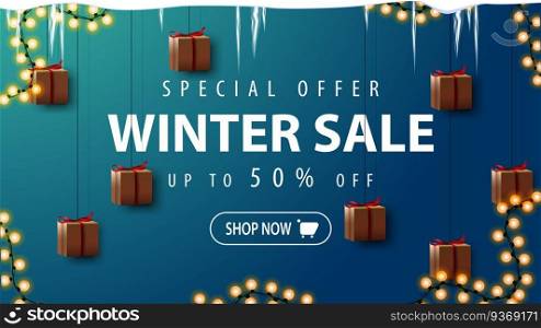 Special offer, winter sale, up to 50 off, beautiful discount banner with garland, icicles and presents