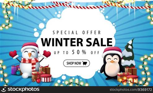 Special offer, winter sale, up to 50 off, blue discount banner with garlands, icicles, white abstract cloud of circles, snowmen and penguin in Santa Claus hat with presents