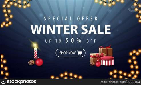 Special offer, winter sale, up to 50 off, dark and blue discount banner with garland and presents