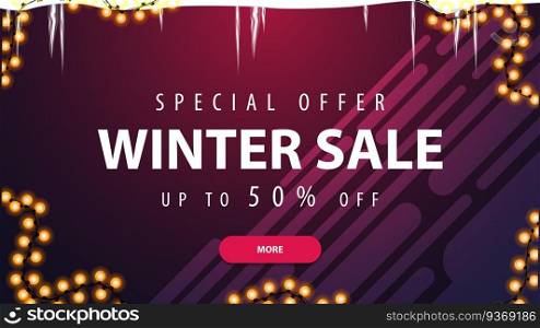 Special offer, winter sale, up to 50 off, purple discount banner with icicles, garland, pink button and liquid shapes