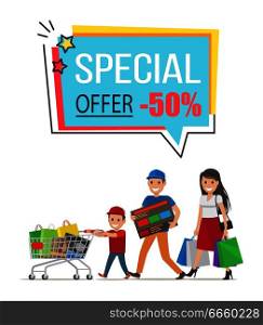Special offer with 50  off promotional poster. Mother and two sons carry full paper bags, heavy boxes and small trolley vector illustration.. Special Offer with 50  Off Promotional Poster