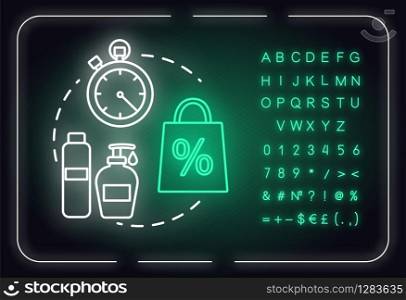 Special offers, discount, sale neon light concept icon. Cosmetics selling, advertising campaign idea. Outer glowing sign with alphabet, numbers and symbols. Vector isolated RGB color illustration