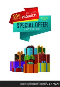 Special offers quality premium natural products set. Pile of gifts with wrapping paper and bows made of ribbons. Super sales and discounts vector. Special Offer Products Set Vector Illustration