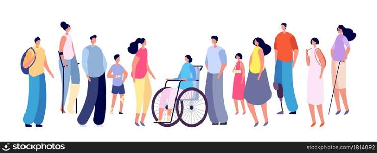 Special people. Disabled person in wheelchair, medicine for handicap. Diverse friends together, man woman kid group vector set. Handicapped character, woman and man with stick support illustration. Special needs people. Disabled person in wheelchair, modern medicine for handicap. Diverse friends together, man woman kid group vector set