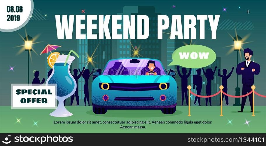 Special Price Offer on Alcohol Drinks Cocktails in Nightclub Flat Vector Advertising Banner, Poster Template. Happy Man Going on Car to Party, Bouncer Standing at Night Club Entrance Illustration