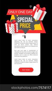 Special price promo tag with presents, black spots and gift boxes vector web site template. Emblem info about sales, super discounts advertising label. Special Price Promo Tag with Presents, Black Spots